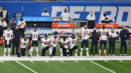 Chicago Bears Defensive Tackle Akiem Hicks (96),  Defensive End Roy Robertson-Harris (95),  Defensive Tackle Brent Urban (92), Nose Tackle Bilal Nichols (98),  and Nose Tackle John Jenkins (90) kneel 
during the National Anthem before the first half of an NFL football game against the Detroit Lions  in Detroit, Michigan USA, on Sunday, September 13, 2020. (Photo by Amy Lemus/NurPhoto via Getty Images)