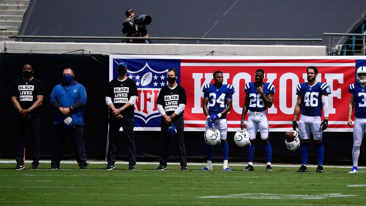 Indianapolis Colts cornerback Isaiah Rodgers, No. 34, and other teammates stand for "Lift Every Voice and Sing" before the game between the Jacksonville Jaguars and the Colts.