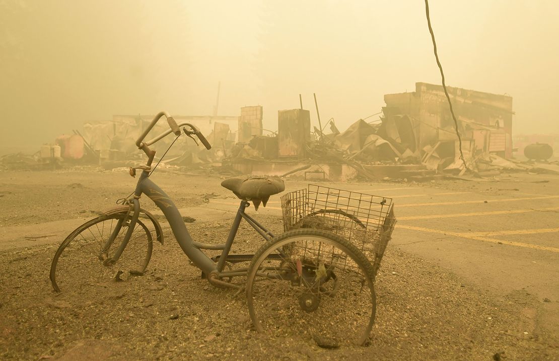 A tricycle stands near the Lake Detroit Market, Friday, September 11, 2020, in Detroit, Oregon. 