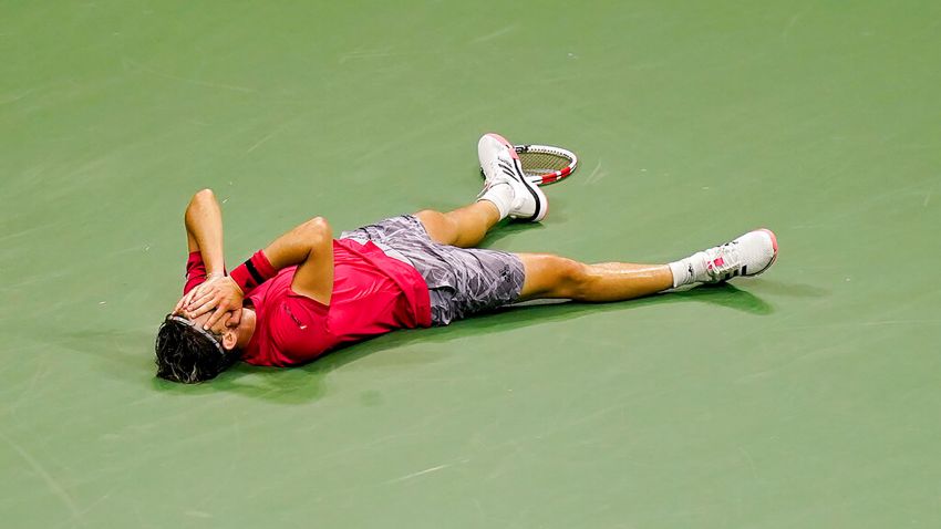 Dominic Thiem, of Austria, reacts after defeating Alexander Zverev, of Germany, in the men's singles final of the US Open tennis championships, Sunday, Sept. 13, 2020, in New York. (AP Photo/Seth Wenig)