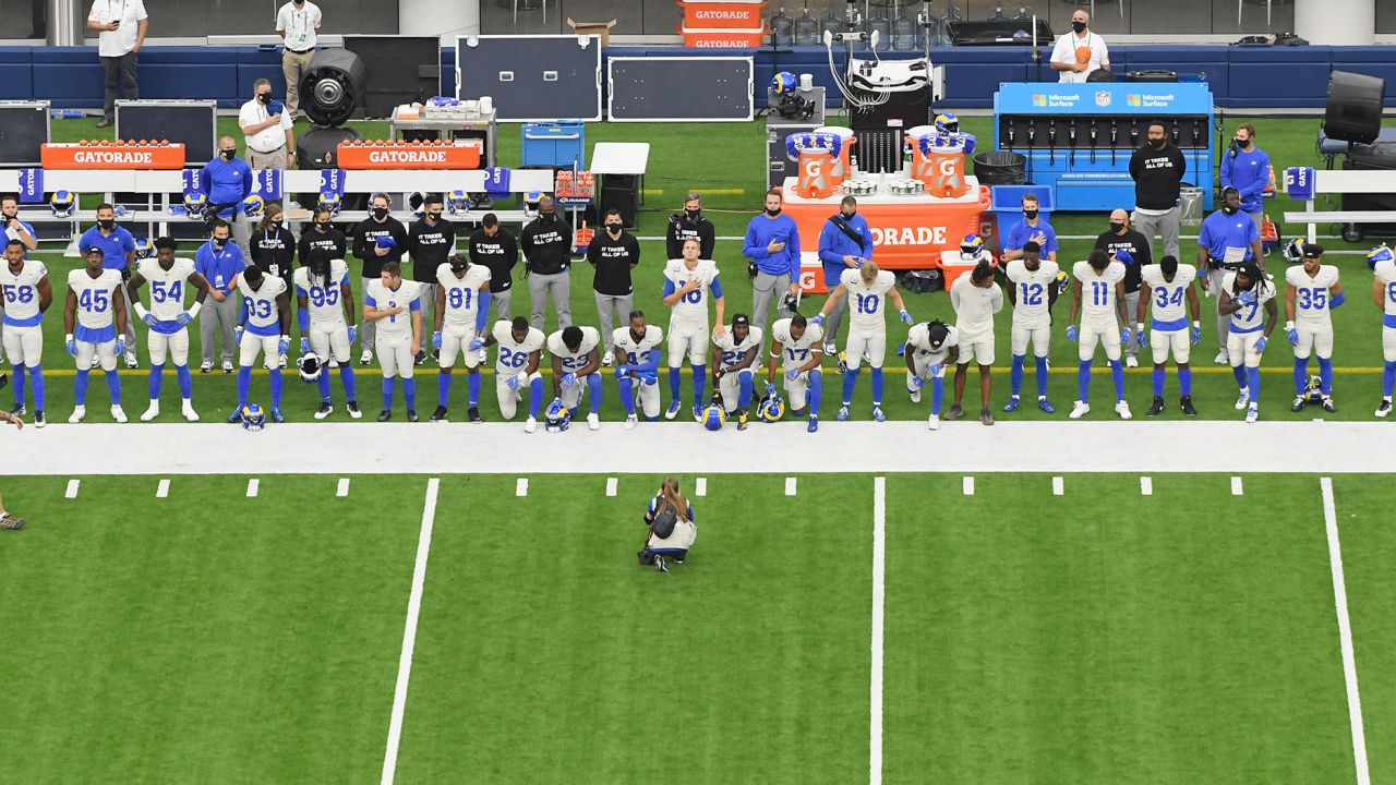 A general view of the Los Angeles Rams sideline during the National Anthem before the game between the Dallas Cowboys and the Rams at SoFi Stadium on Sunday, September 13.