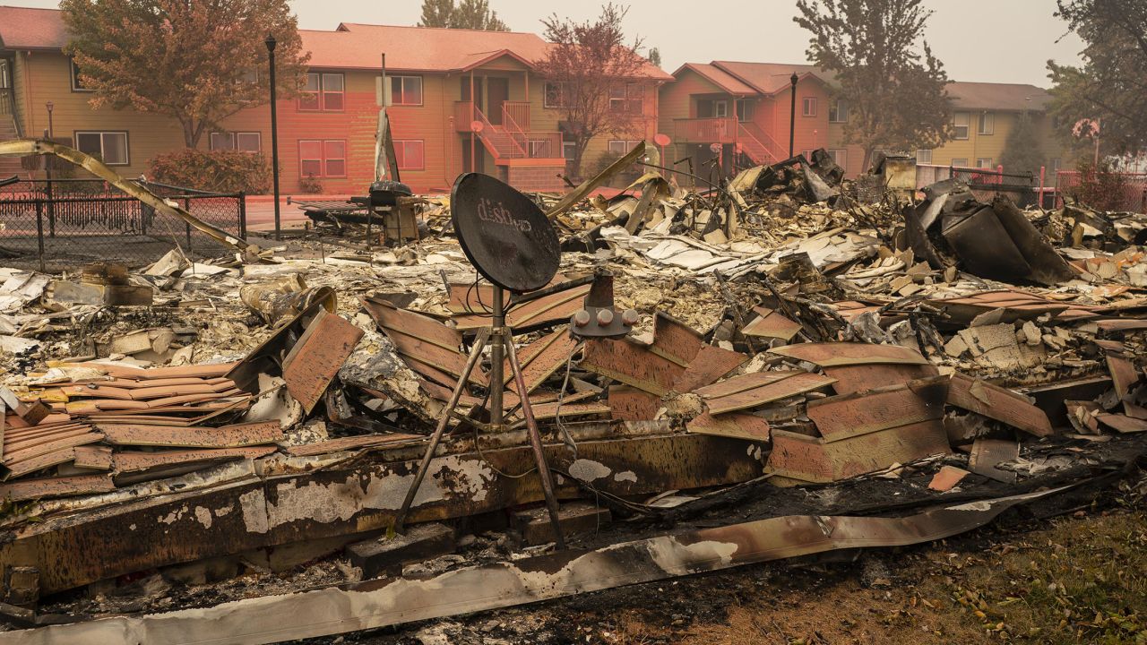 Homes lie in ruins after wildfires tore through Oregon.