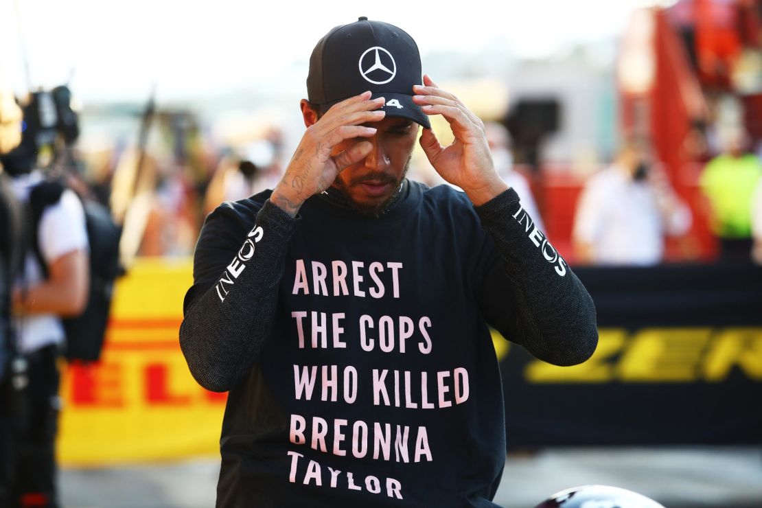 Lewis Hamilton of Great Britain wears a shirt in tribute to the late Breonna Taylor during the F1 Grand Prix of Tuscany on Sunday, September 13.