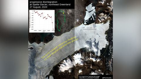 The section marked in red at the top of this optical satellite image shows the ice lost from the Nioghalvfjerdsfjorden glacier.