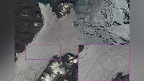 A satellite image from July 31 2019 showing pools and rivers of water on the surface of Greenland's Nioghalvfjerdsfjorden glacier.