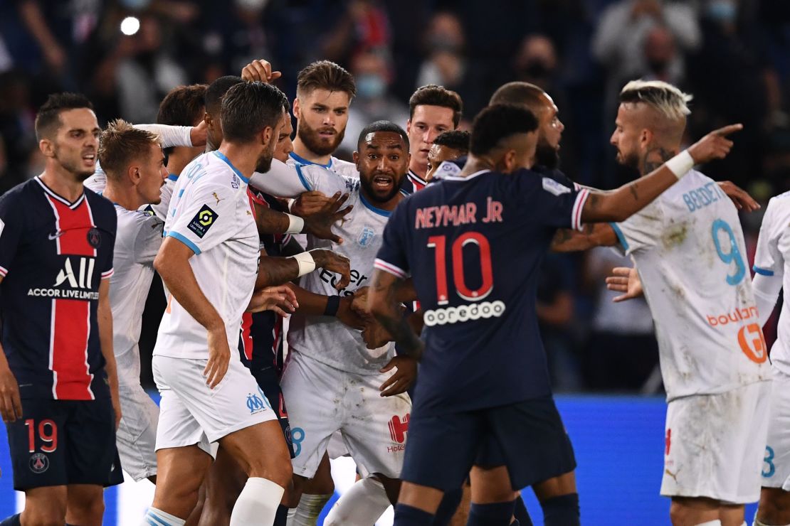 PSG and Marseille players scuffle at the end of the Ligue 1 clash.