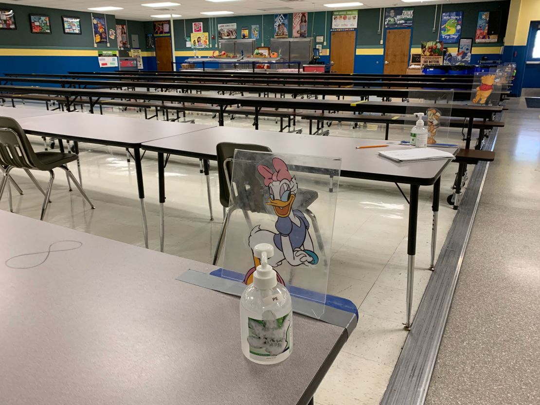 Dining tables at Jensen Beach Elementary School in Martin County are labeled with numbers and Disney characters to encourage social distancing.