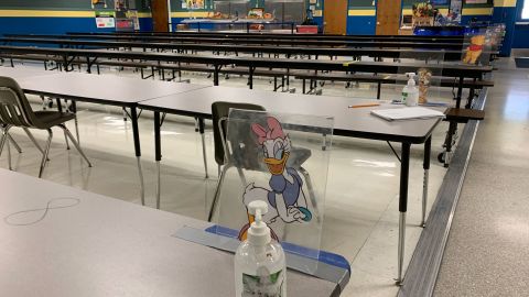 Dining tables at Jensen Beach Elementary School in Martin County are labeled with numbers and Disney characters to encourage social distancing.