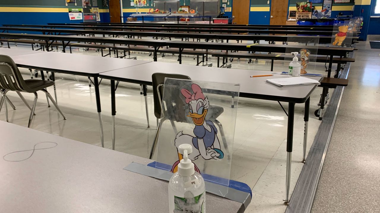 Dining tables at Jensen Beach Elementary School in Martin County are labeled with numbers and Disney characters to encourage social distancing.