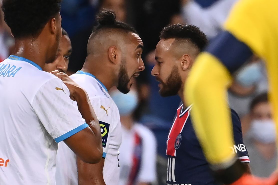 Neymar (right) squares off with Dimitri Payet during Sunday's game.