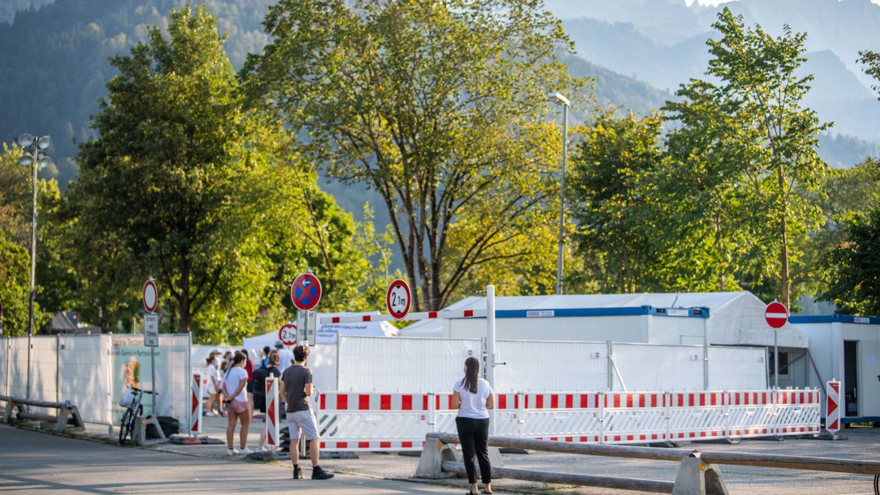People queue in front of Garmisch-Partenkirchen's coronavirus test center on September 13.