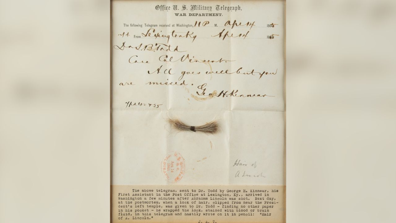 Lincoln's lock of hair was wrapped in this telegram from the night he was shot.