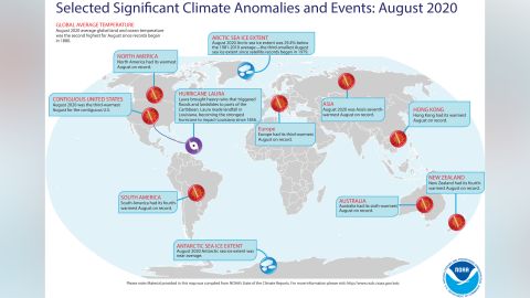 A map of the world plotted with some of the most significant weather and climate events that occurred during August 2020. For more details, see the NOAA report at http://bit.ly/GlobalAug2020.