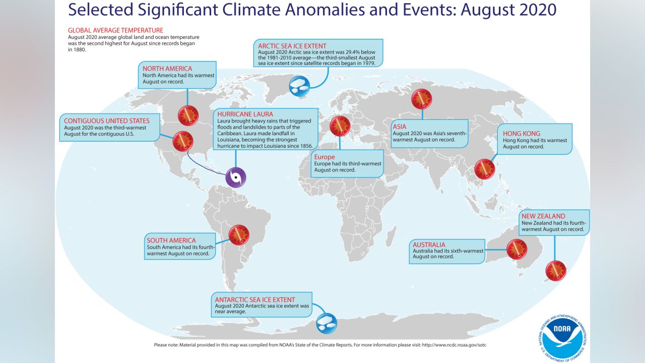 A map of the world plotted with some of the most significant weather and climate events that occurred during August 2020. For more details, see the NOAA report at http://bit.ly/GlobalAug2020.