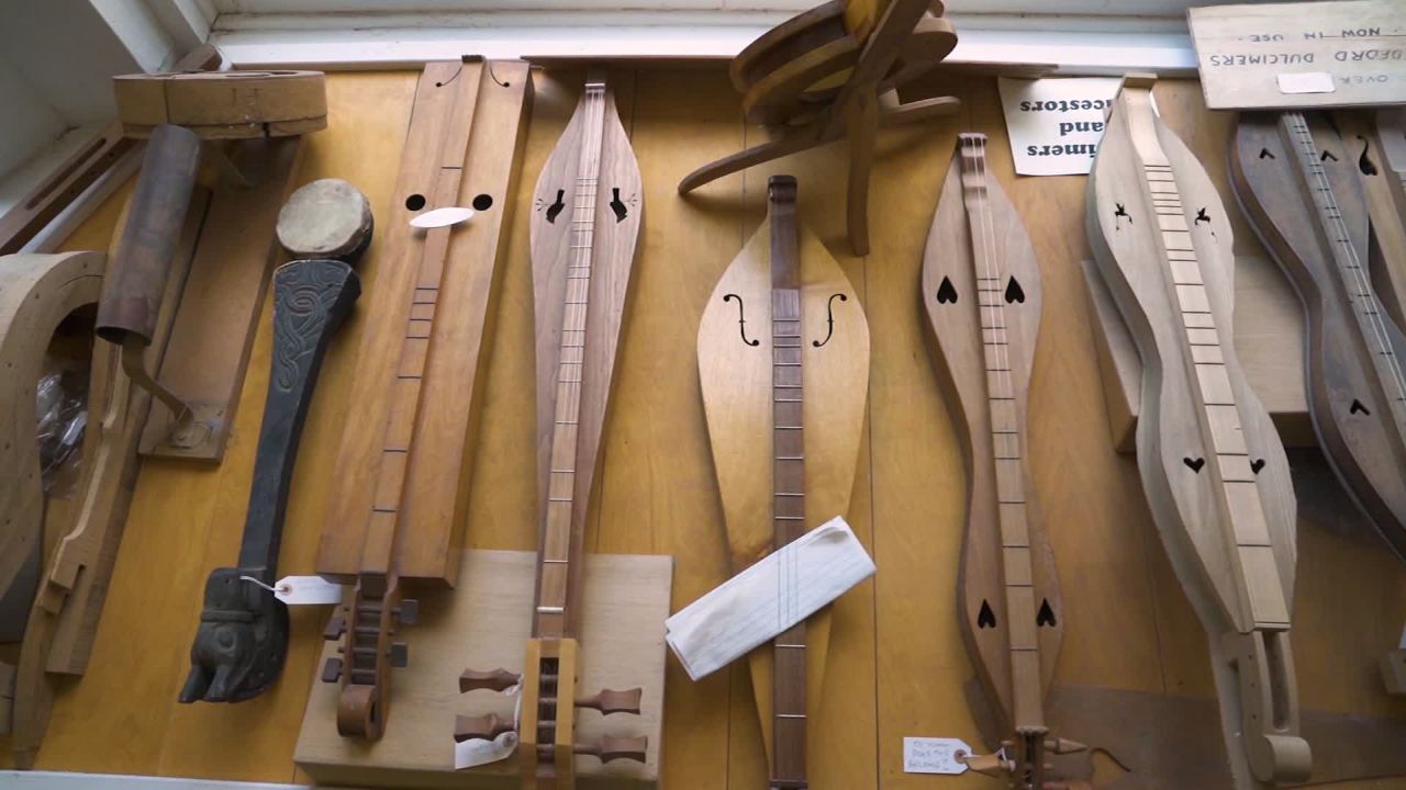 Handmade dulcimers displayed at the Appalachian School of Luthiery in Hindman, Kentucky.