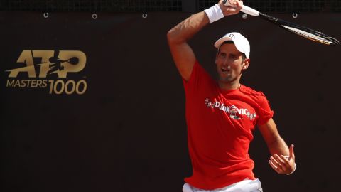 Djokovic returns a forehand during a practice session in Rome, Italy.