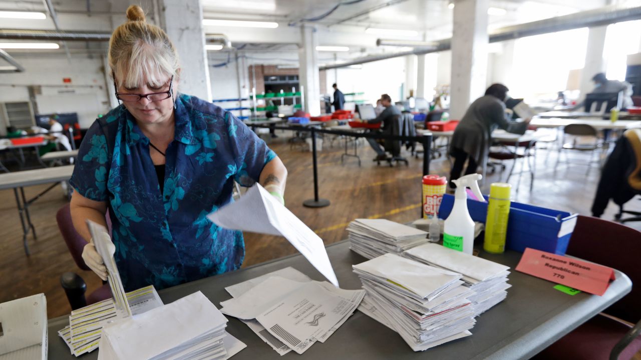 Board of elections worker Roxanne Wilson processes ballots to be counted at the wharehouse for the Cuyahoga County Board of Elections, Tuesday, April 28, 2020, in Cleveland, Ohio. 