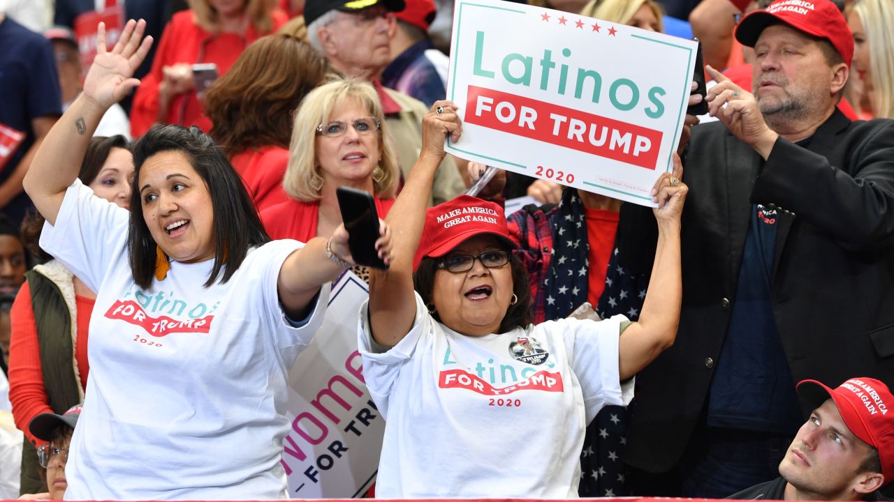 A supporter of the US president hold signs reading "Latinos for Trump" as they attend a "Keep America Great" rally at the American Airlines Center in Dallas, Texas on October 17, 2019. 