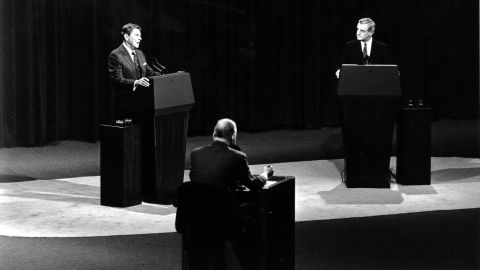 President Ronald Reagan answers a question as Democratic candidate Walter Mondale listens during the second round of the presidential debates in Kansas City, Missouri, in 1984.