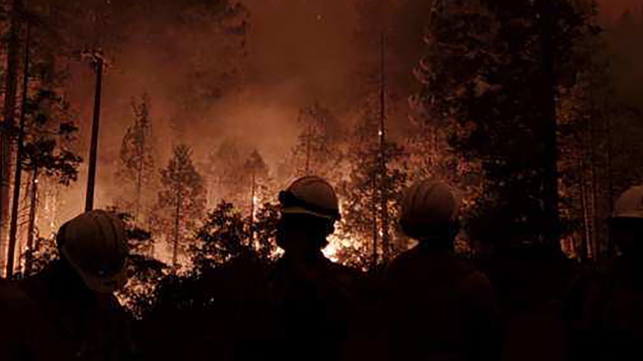 Hotshots battle the Creek Fire into the night.