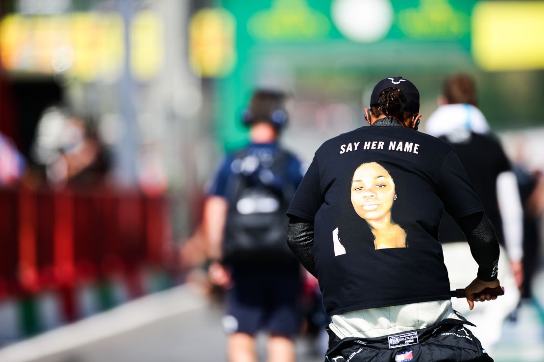 Hamilton displays his T-shirt during Sunday's Tuscan GP.