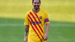 Barcelona's Argentinian forward Lionel Messi smiles during a friendly football match between FC Barcelona and Nastic at the Johan Cruyff stadium in Sant Joan Despi, near Barcelona, on September 12, 2020. (Photo by Pau BARRENA / AFP) (Photo by PAU BARRENA/AFP via Getty Images)