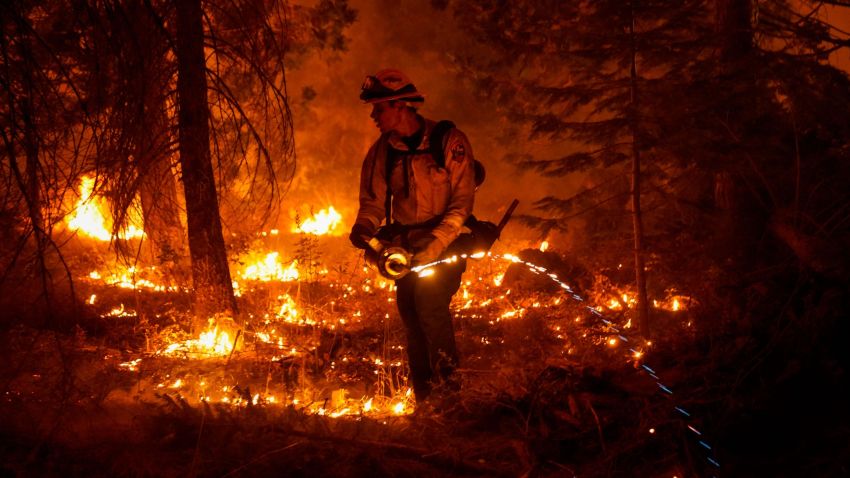 SHAVER LAKE, CA - SEPTEMBER 06: Firefighter Ricardo Gomez, of a Cal Fire engine from Bradley, takes part in conducting a back burn operation along CA-168 during the Creek Fire as it approaches the Shaver Lake Marina on Sunday, Sept. 6, 2020 in Shaver Lake, CA.  (Kent Nishimura / Los Angeles Times)