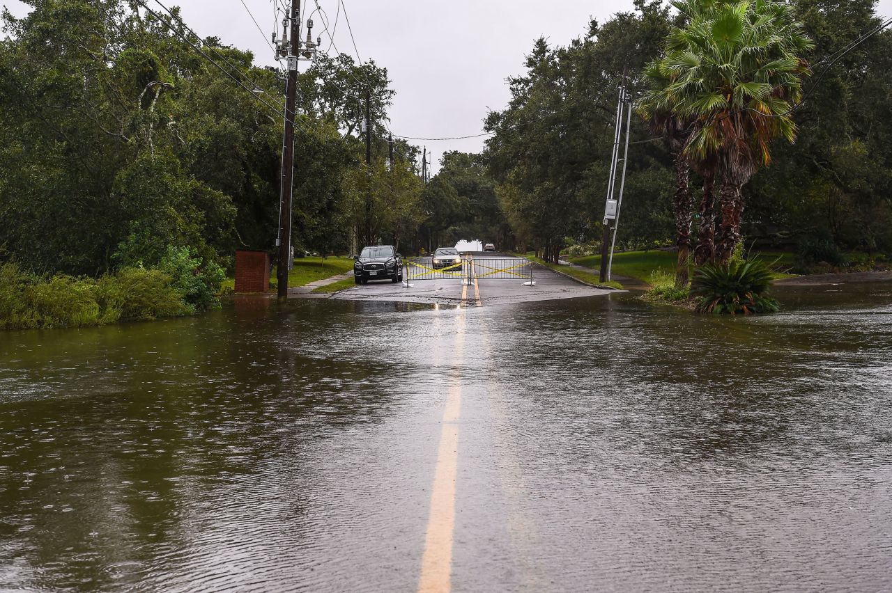 Water floods a road in Pascagoula, Mississippi, hours before Sally made landfall.