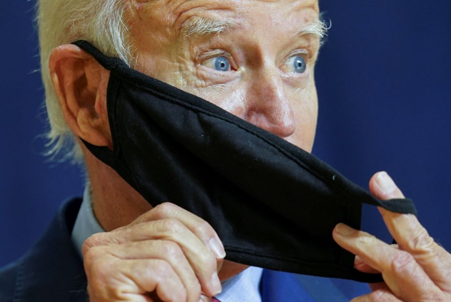 Biden puts his face mask back on after discussing the US economy at an event in Wilmington, Delaware, on September 4.