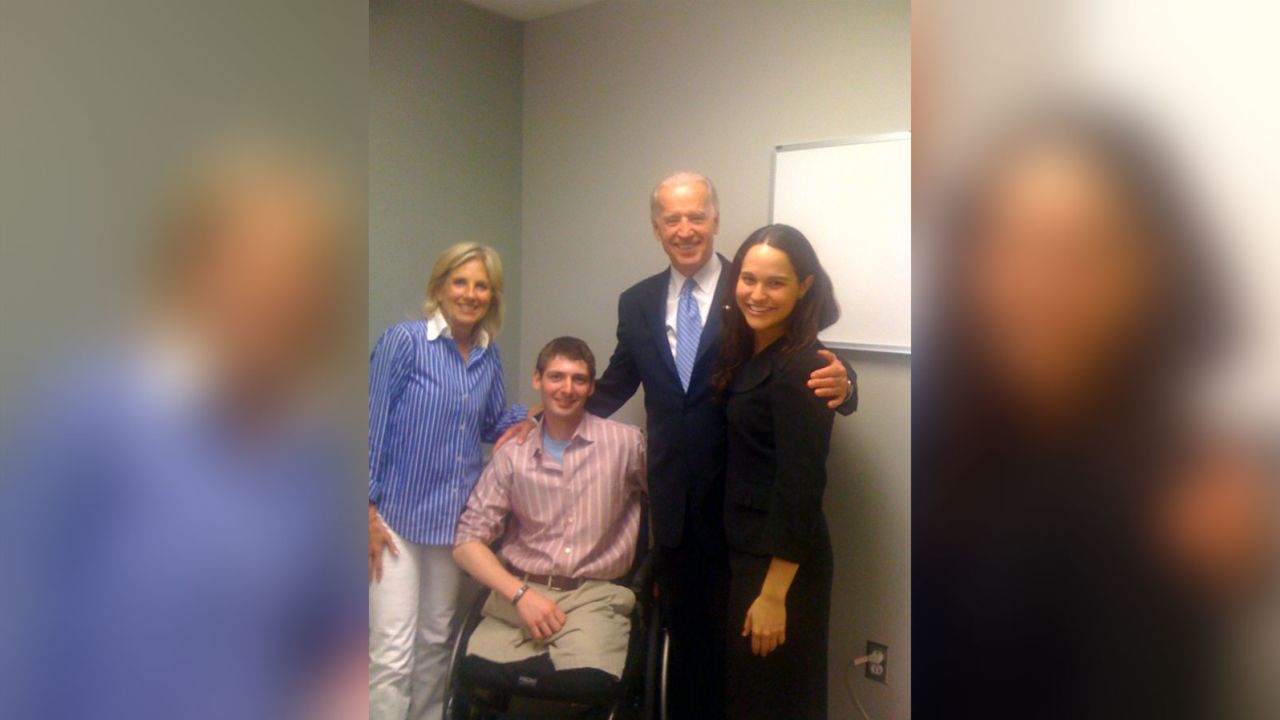 Dan Berschinski at the Walter Reed Army Medical Center's amputee rehab clinic in March 2010. Pictured from left, Jill Biden, Dan, Joe Biden and Dan's then-girlfriend Rebecca Taber.