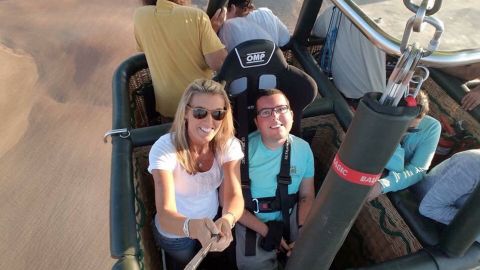 Cory Lee and his mother, Sandy Gilbreath, on a hot air balloon over the Negev Desert, Israel