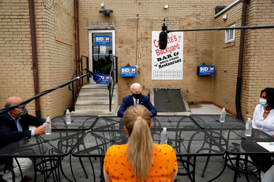 Biden meets with small-business owners at Carlette's Hideaway, a restaurant in Yeadon, Pennsylvania, on June 17.