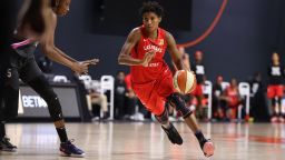 Angel McCoughtry #35 of the Las Vegas Aces handles the ball against the Dallas Wings on August 25, 2020 at Feld Entertainment Center in Palmetto, Florida. 