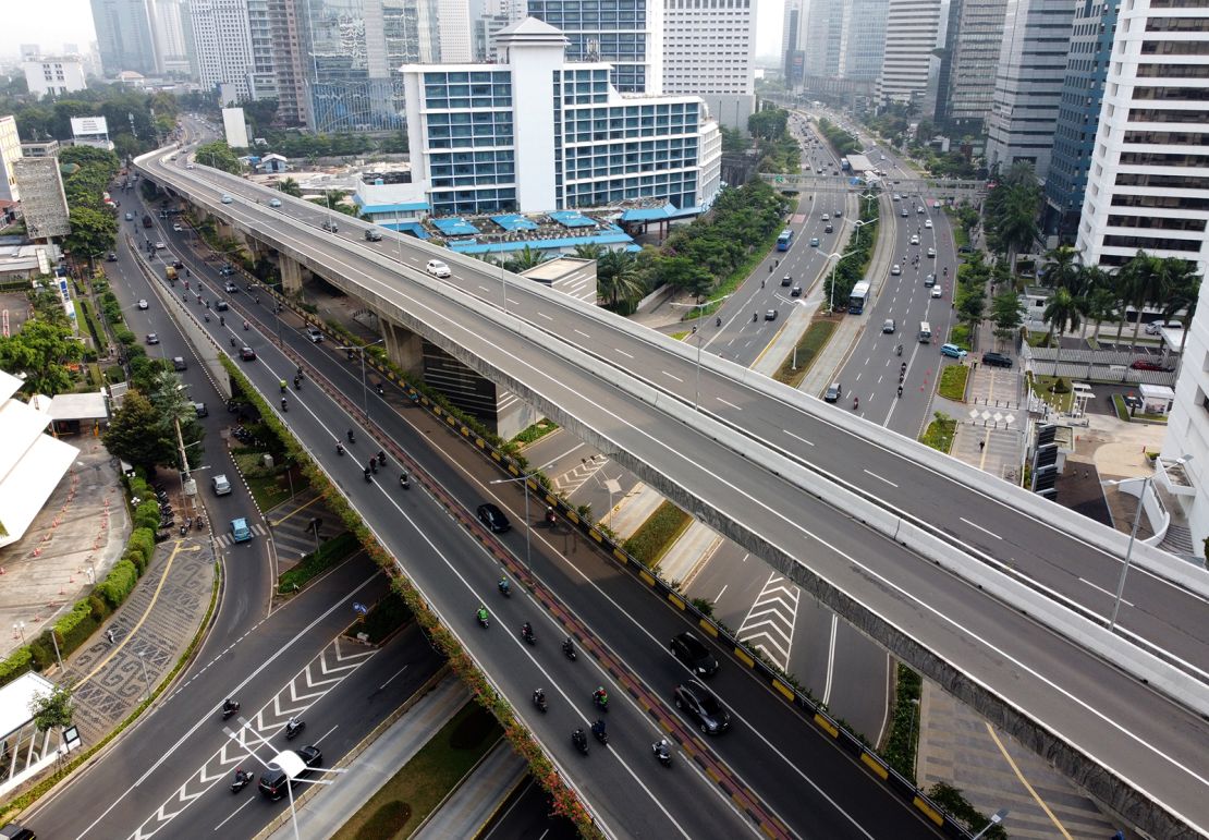 Aerial photos show light traffic flow on September 14, the first day of reimplementing large scale social restrictions in Jakarta.
