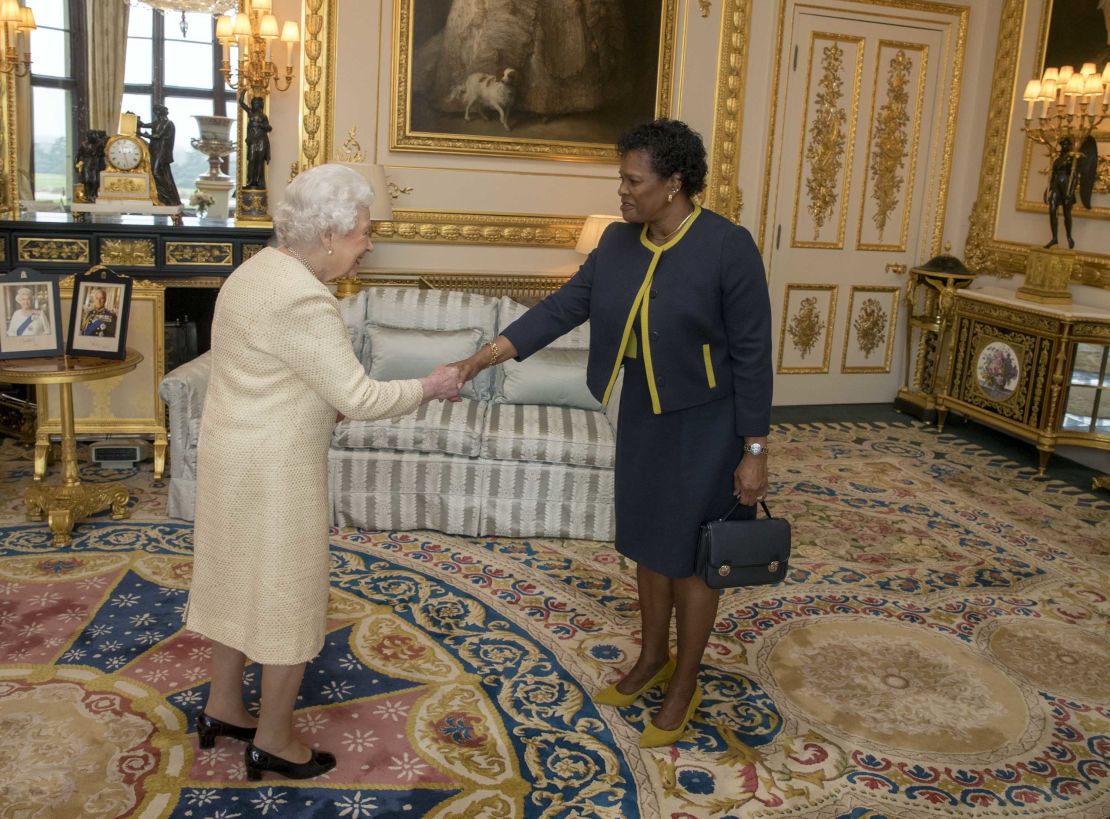 The Queen meets with Governor-General of Barbados Sandra Mason during a private audience at Buckingham Palace on March 28, 2018 in London, England. 