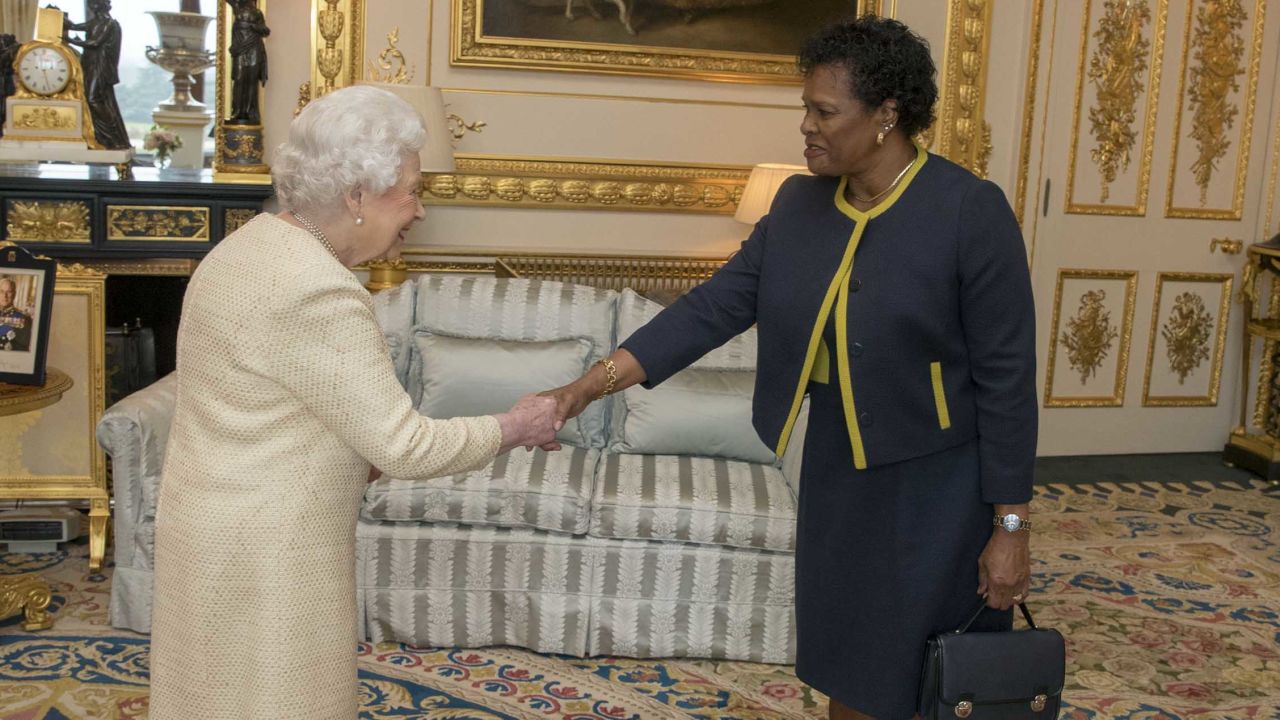 The Queen meets with Governor-General of Barbados Sandra Mason during a private audience at Buckingham Palace on March 28, 2018 in London, England.