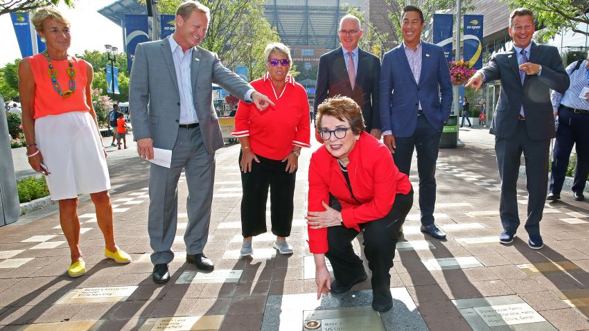 NEW YORK, NEW YORK - SEPTEMBER 04: Tennis legends Billie Jean King and Rosie Casals, members of the Original 9, unveil their pavers honoring Gladys Heldman and the entire Original 9 on the USTA Foundation's Avenue of Aces on day ten of the 2019 US Open at the USTA Billie Jean King National Tennis Center on September 04, 2019 in the Queens borough of New York City. (Photo by Mike Stobe/Getty Images)