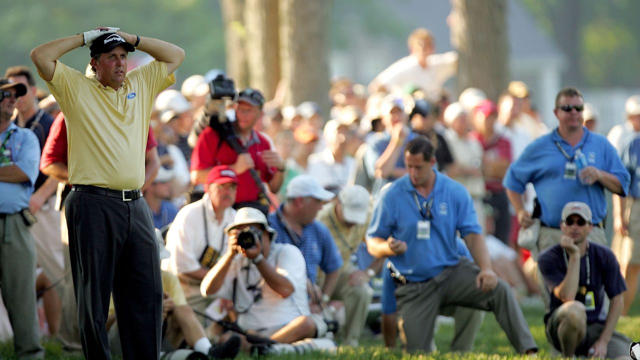 Mickelson waits to hit from the rough during the final round of the 2006 U.S. Open Championship.