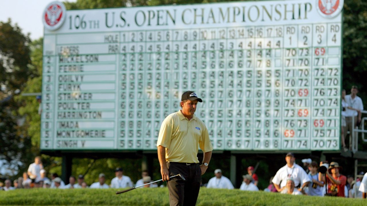 Mickelson stands on the 18th green after his last putt in the final round of the 2006 U.S. Open Championship.