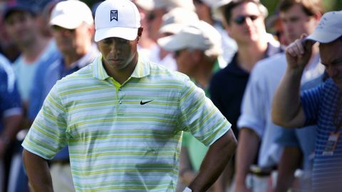 Woods hangs his head after hitting it into the rough on the 15th hole during the opening round of the 2006 U.S. Open.