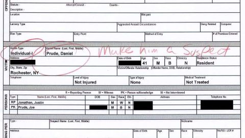 In an incident report filed by police officers, Daniel Prude's name is circled in red next to a handwritten note saying, "make him a suspect."
