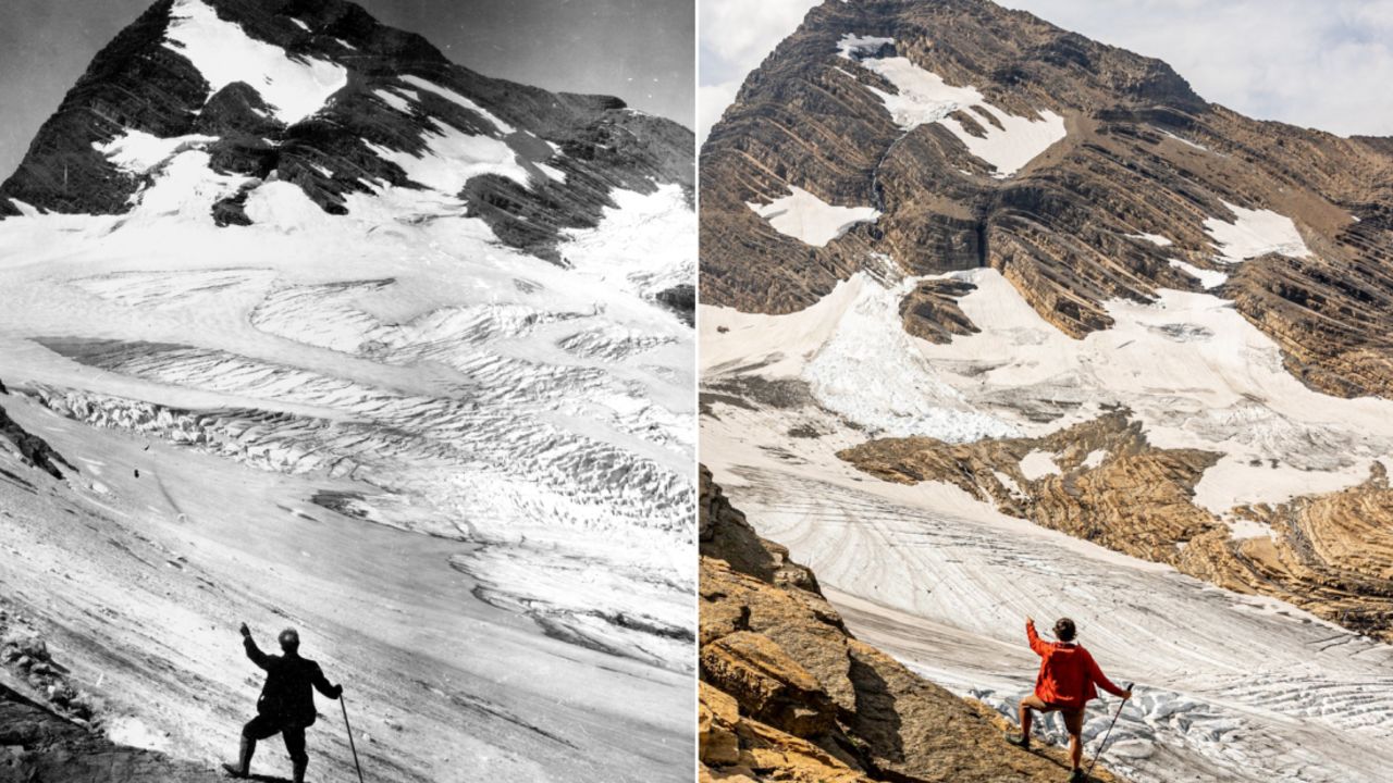Glacier National Park's Jackson Glacier, pictured in 1910, left, and 2020.