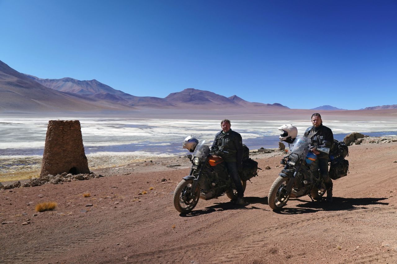 Charley Boorman and Ewan McGregor stop in Bolivia on their electric Harley- Davidson LiveWires. 