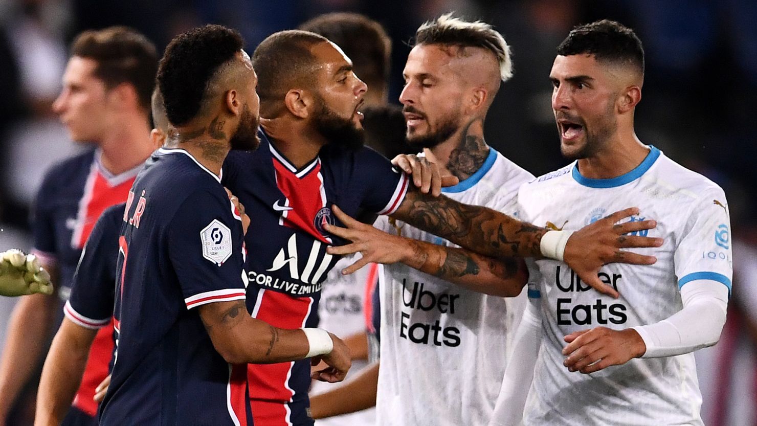 Neymar argues with Marseille's Alvaro Gonzalez during Sunday's game. 