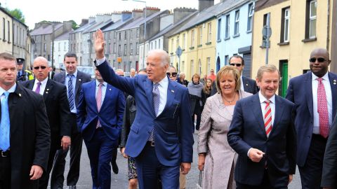 Joe Biden (center) with then Irish Taoiseach Enda Kenny (second from right) on a visit to Ballina, in Ireland's County Mayo, in June 2016.