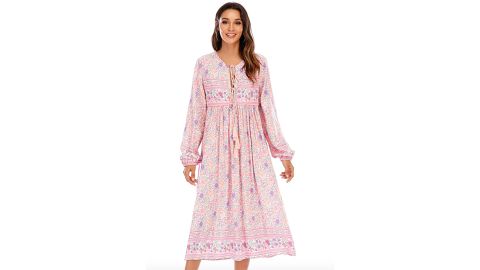 R.Vivimos Long Sleeve Floral Boho Midi Dress