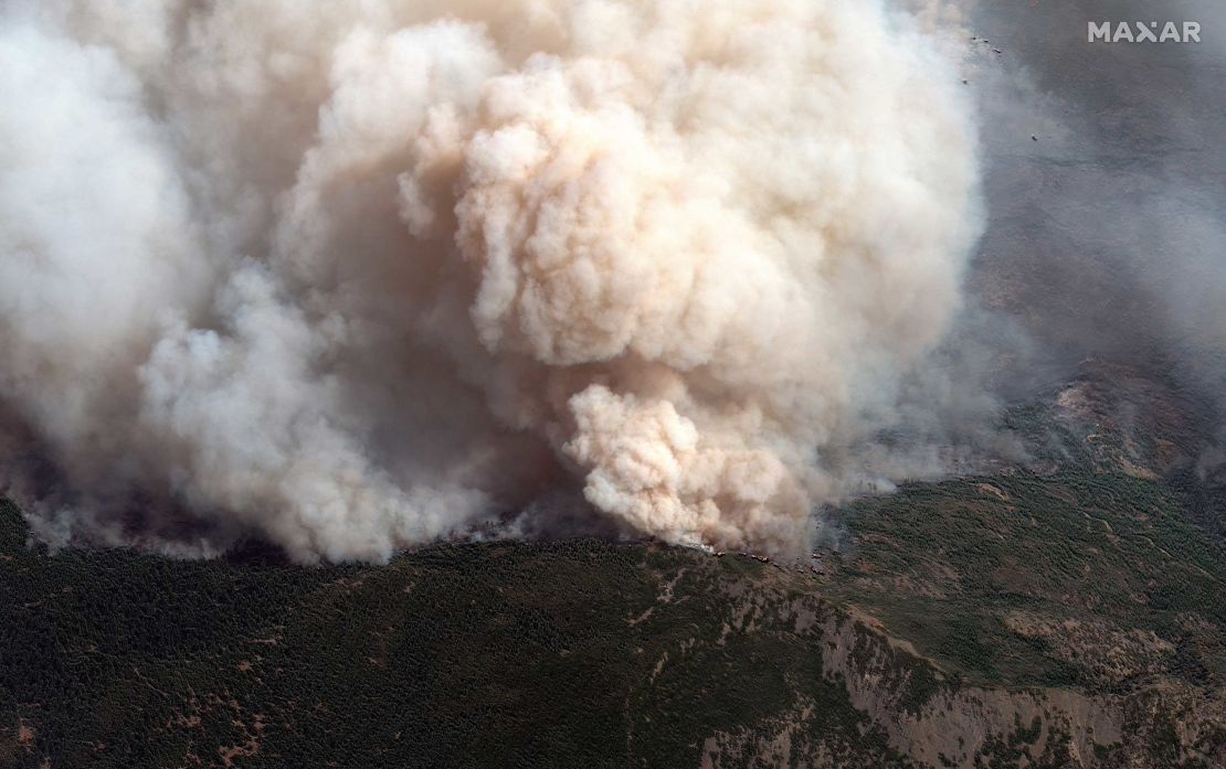 A satellite image shows a close-up of an active fire line in the August Complex fire in California on September 14, 2020.