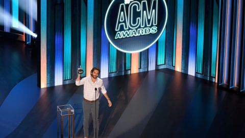 Thomas Rhett poses with the Entertainer of the Year award during the 55th Academy of Country Music Awards at the Grand Ole Opry in Nashville, Tennessee, on September 16, 2020.
