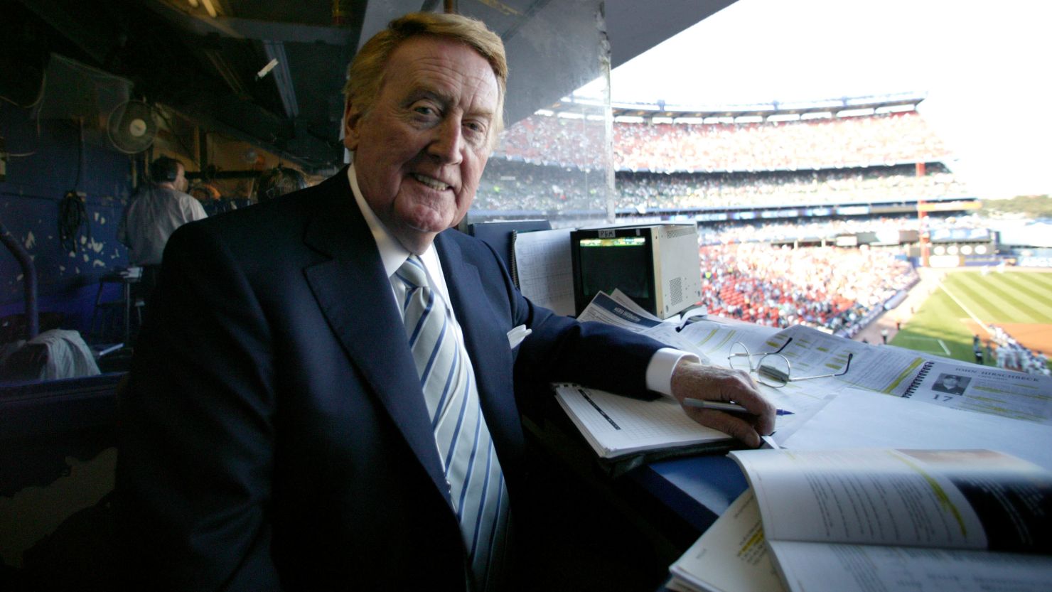 Announcer Vin Scully at Shea Stadium before the start of Game 1 of the NLDS, October, 2006.