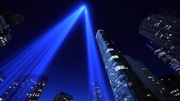 TOPSHOT - The Tribute in Light art installation shines into the sky over Manhattan on September 11, 2020 in New York to mark the 19th anniversary of the 9/11 attacks. (Photo by TIMOTHY A. CLARY / AFP) (Photo by TIMOTHY A. CLARY/AFP via Getty Images)